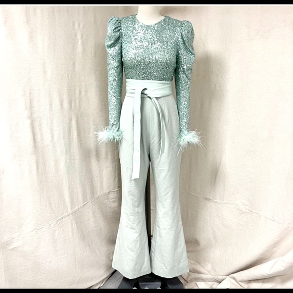 NEW SEASON Lavish Alice feather and sequin embellished jumpsuit in sage - Picture 11 of 14